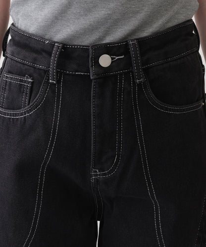 配色 ステッチ フロント レースアップ ハイウエスト デニムパンツ