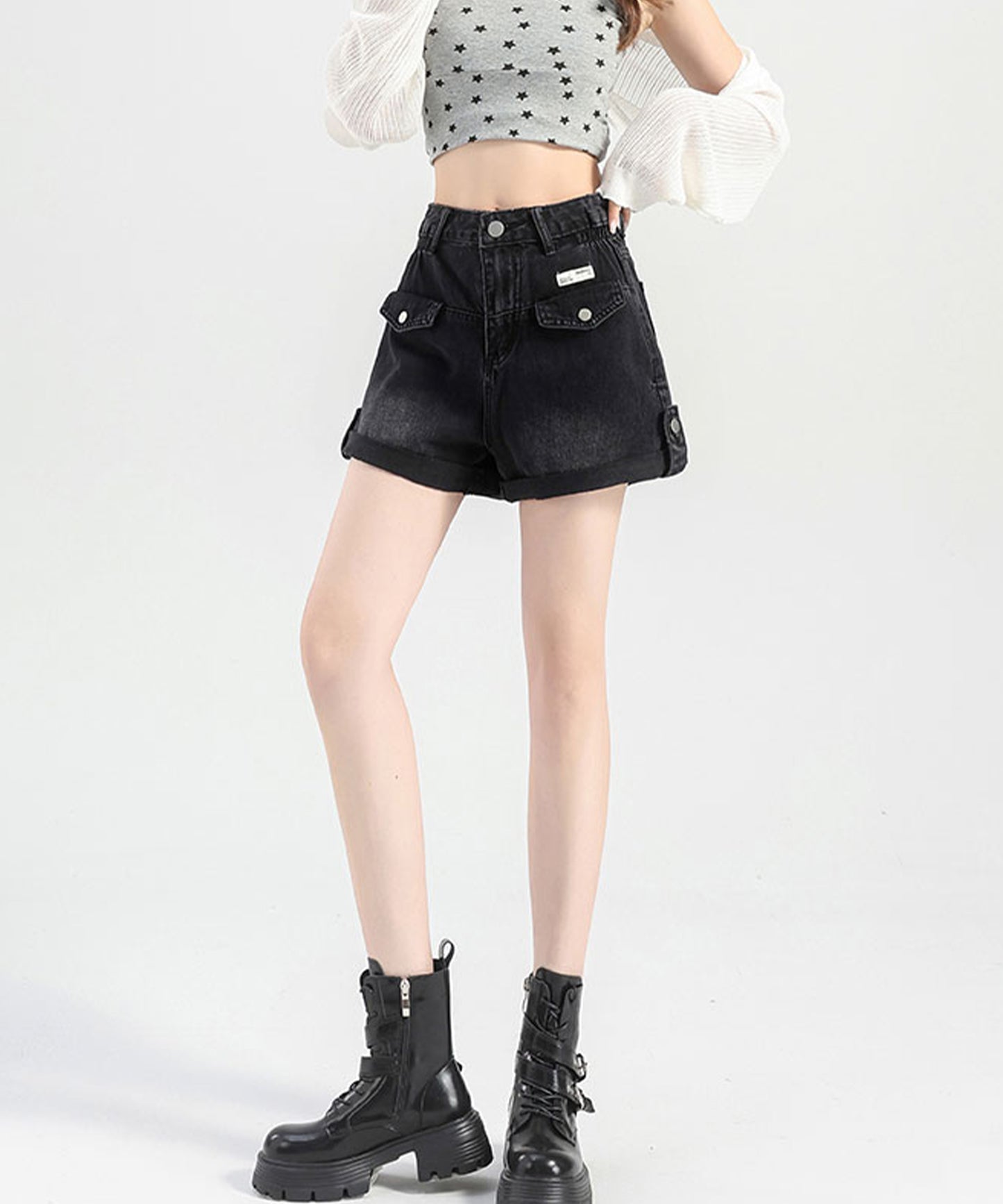 ハイウエスト ポケット付き ロールアップ デニム Aライン ショートパンツ
