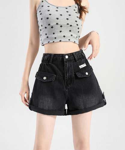 ハイウエスト ポケット付き ロールアップ デニム Aライン ショートパンツ