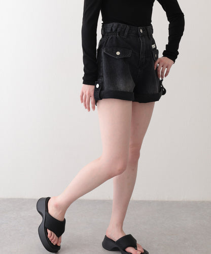 ハイウエスト ポケット付き ロールアップ デニム Aライン ショートパンツ