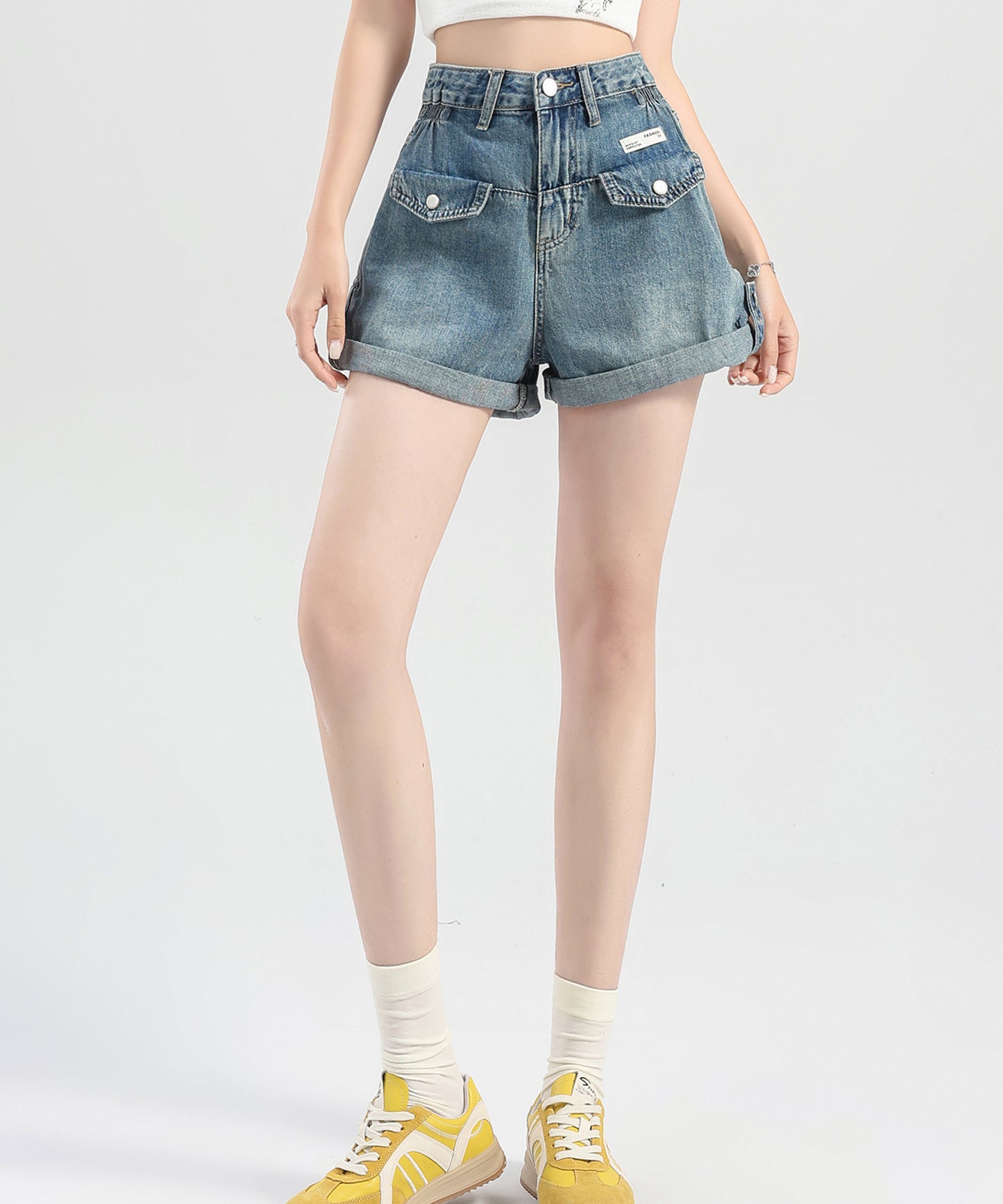 ハイウエスト ポケット付き ロールアップ デニム Aライン ショートパンツ