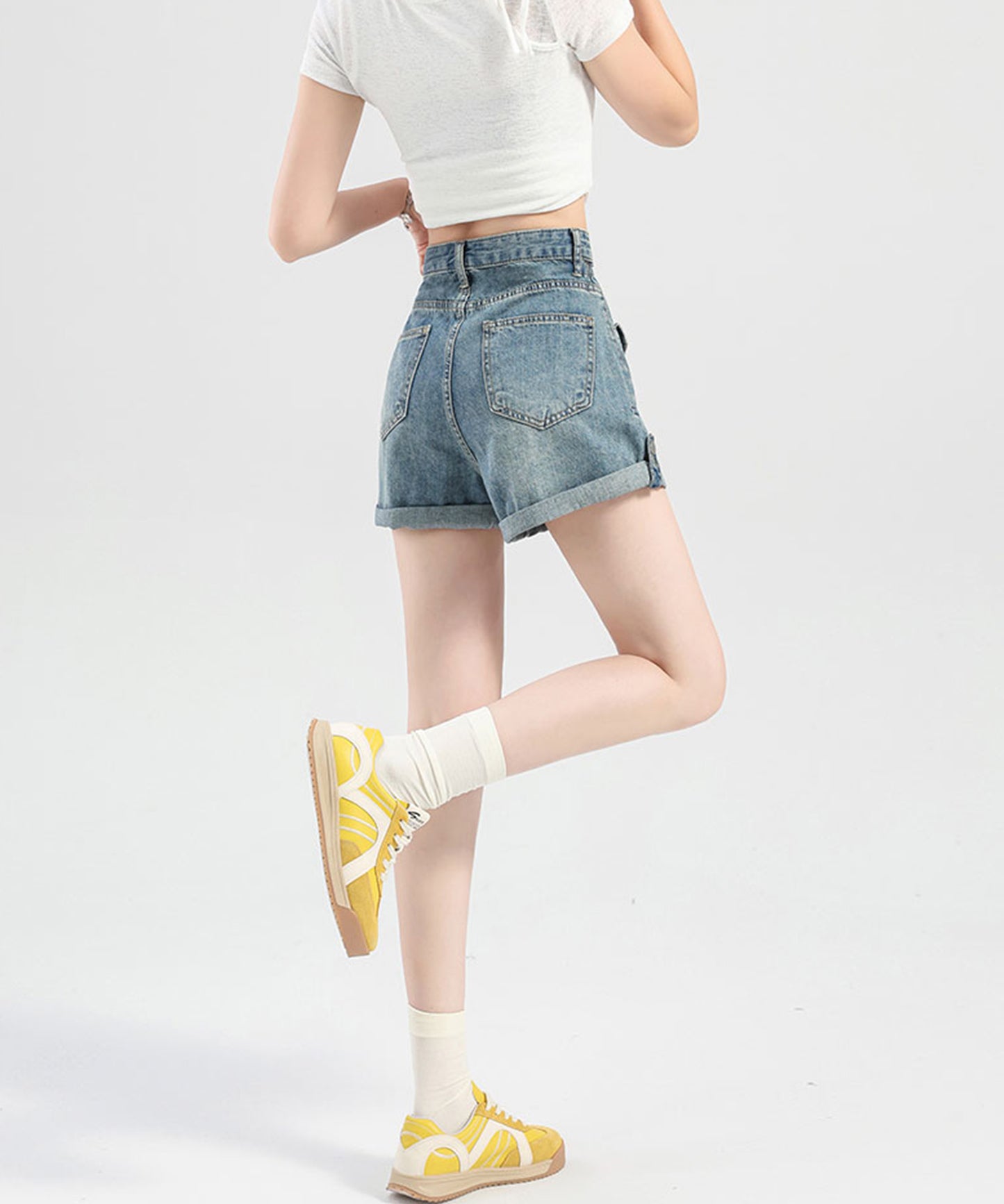 ハイウエスト ポケット付き ロールアップ デニム Aライン ショートパンツ