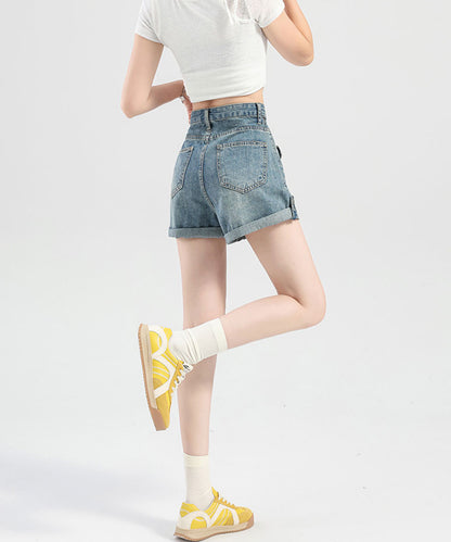ハイウエスト ポケット付き ロールアップ デニム Aライン ショートパンツ