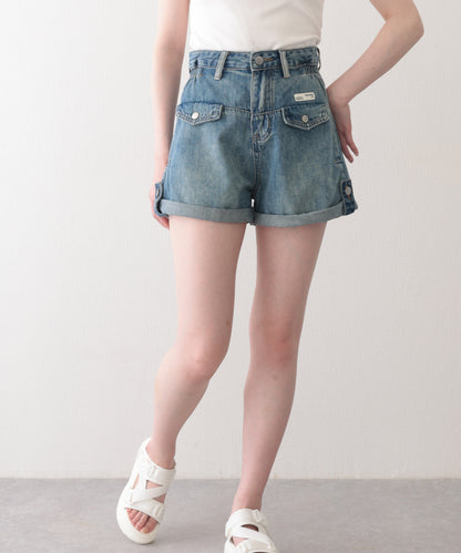 ハイウエスト ポケット付き ロールアップ デニム Aライン ショートパンツ