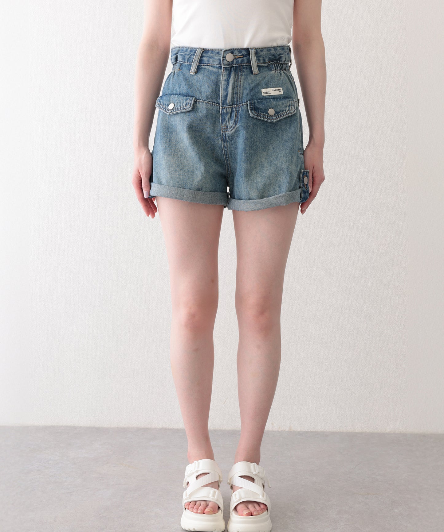 ハイウエスト ポケット付き ロールアップ デニム Aライン ショートパンツ