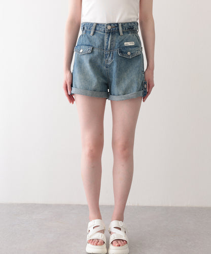 ハイウエスト ポケット付き ロールアップ デニム Aライン ショートパンツ