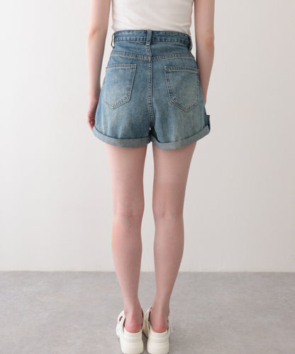 ハイウエスト ポケット付き ロールアップ デニム Aライン ショートパンツ