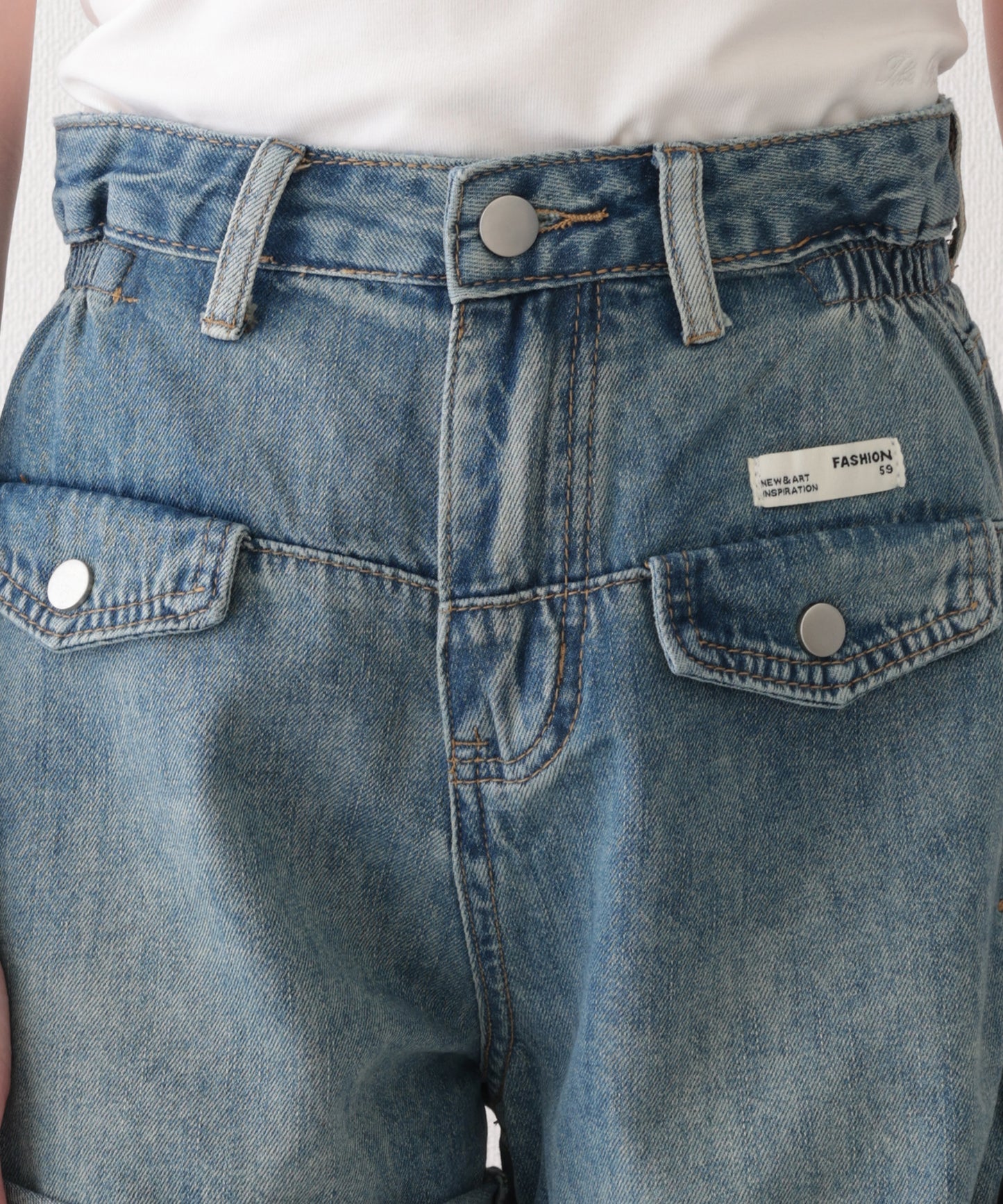 ハイウエスト ポケット付き ロールアップ デニム Aライン ショートパンツ