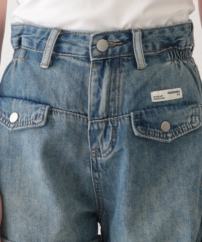 ハイウエスト ポケット付き ロールアップ デニム Aライン ショートパンツ