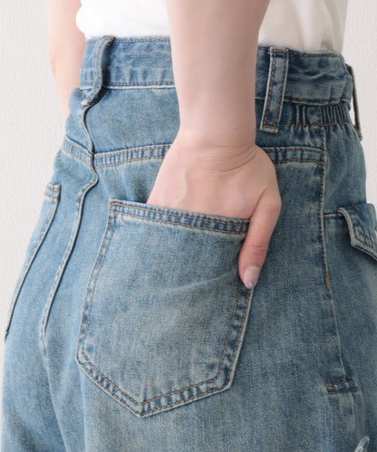 ハイウエスト ポケット付き ロールアップ デニム Aライン ショートパンツ