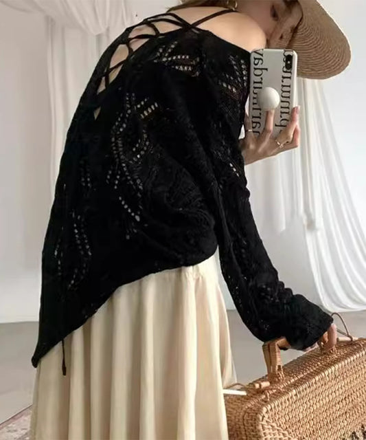 2way 透かし編み レースアップ オーバーサイズ ニット プルオーバー ラッシュガード