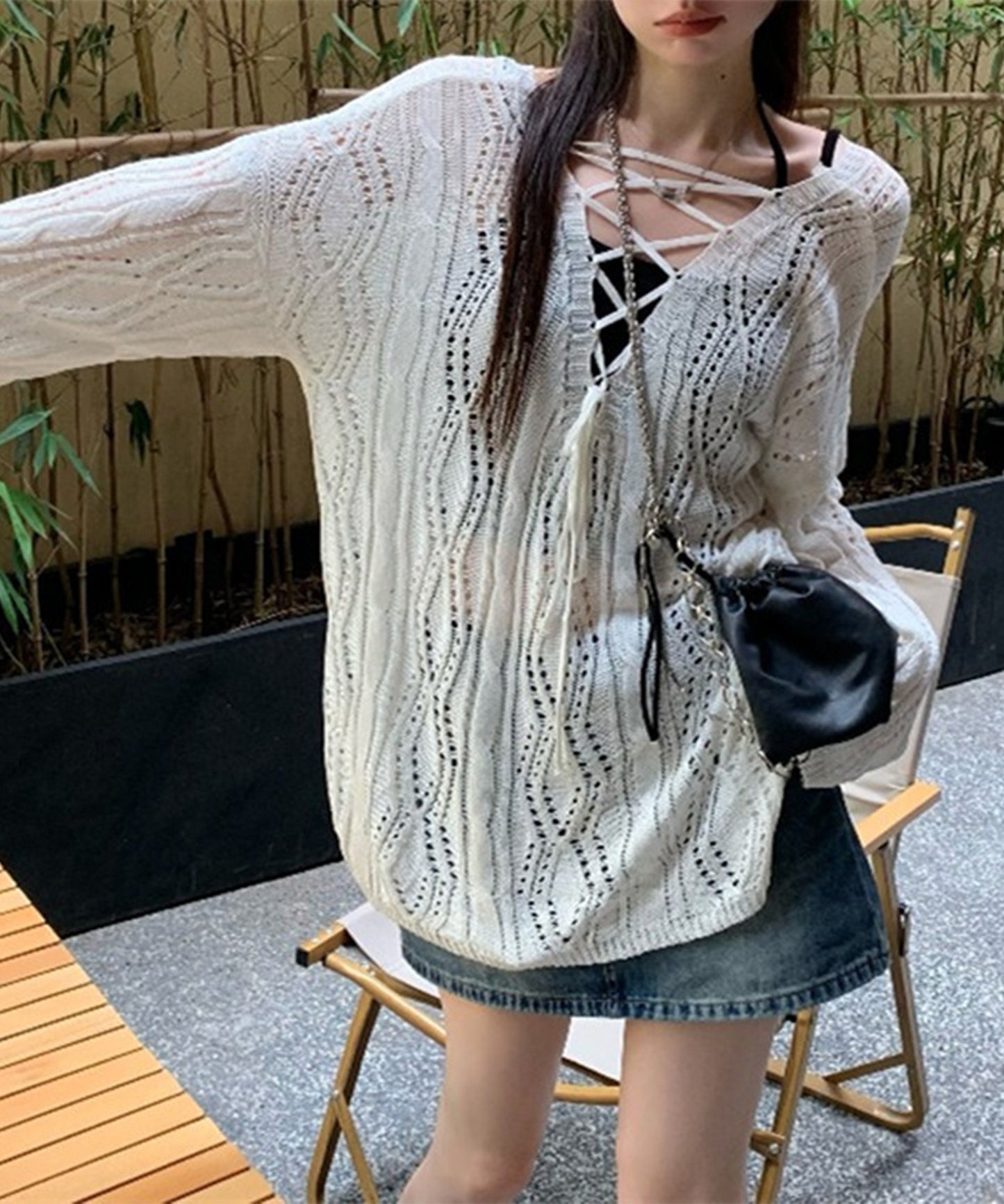 2way 透かし編み レースアップ オーバーサイズ ニット プルオーバー ラッシュガード