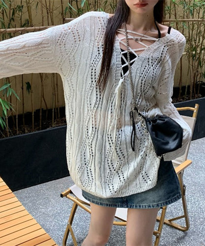 2way 透かし編み レースアップ オーバーサイズ ニット プルオーバー ラッシュガード