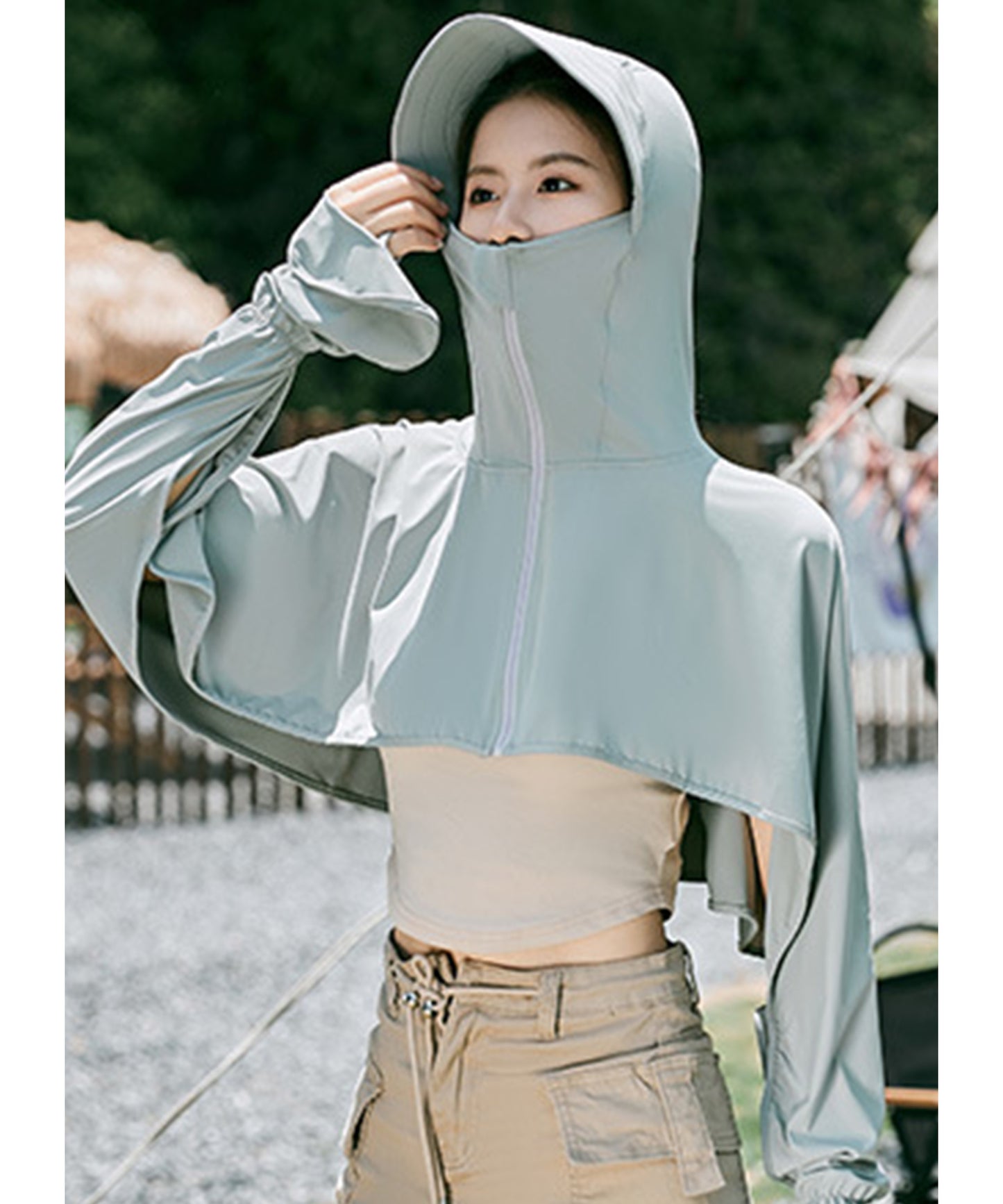 サンバイザー付き ボレロ風 クロップド ジップアップ ラッシュガード