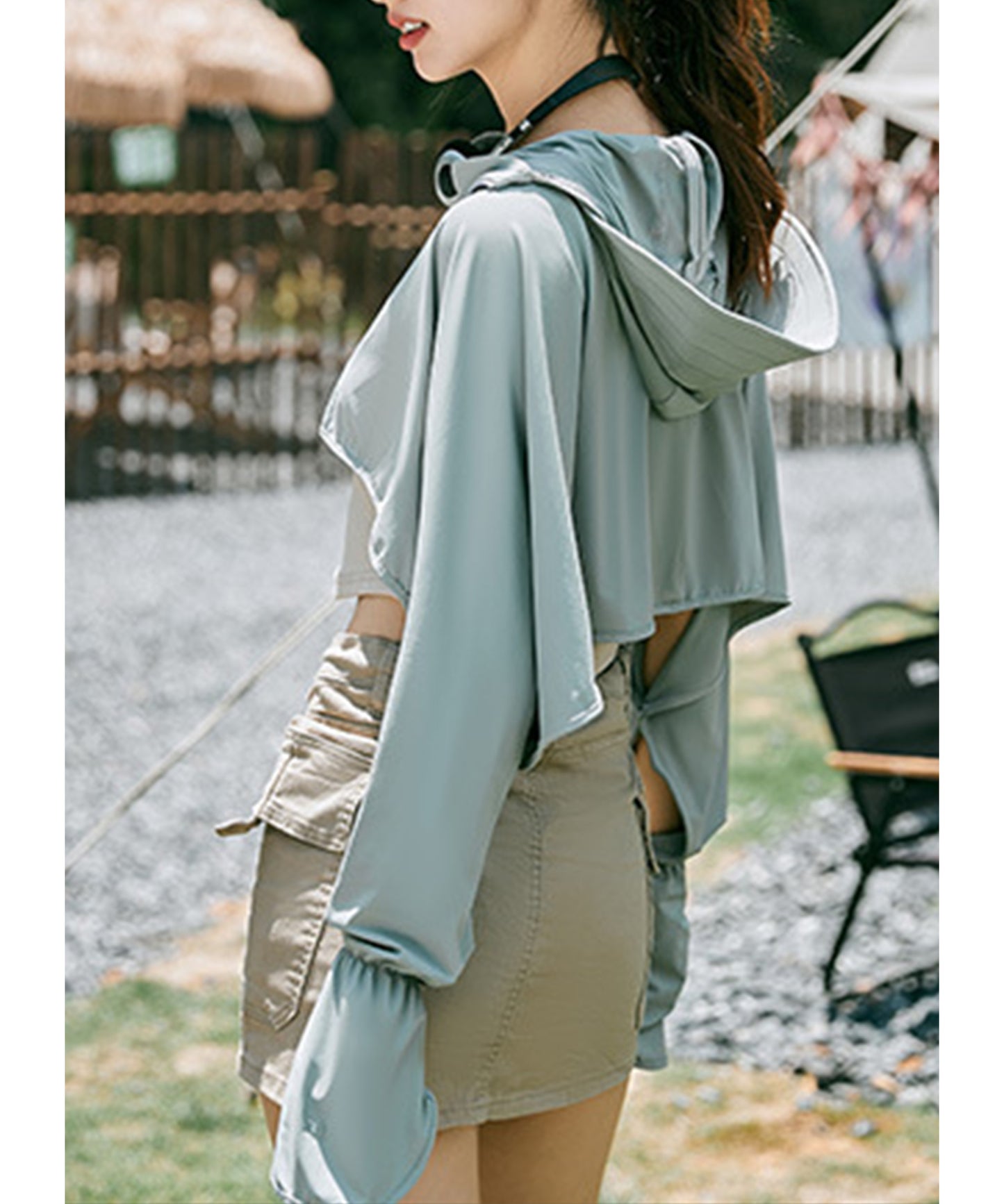 サンバイザー付き ボレロ風 クロップド ジップアップ ラッシュガード