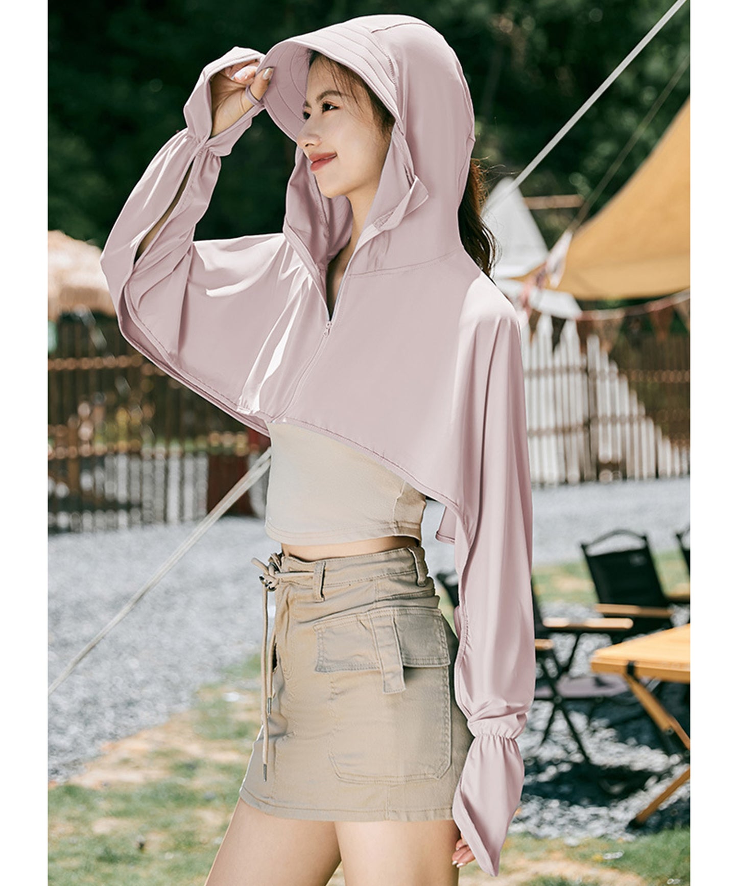 サンバイザー付き ボレロ風 クロップド ジップアップ ラッシュガード