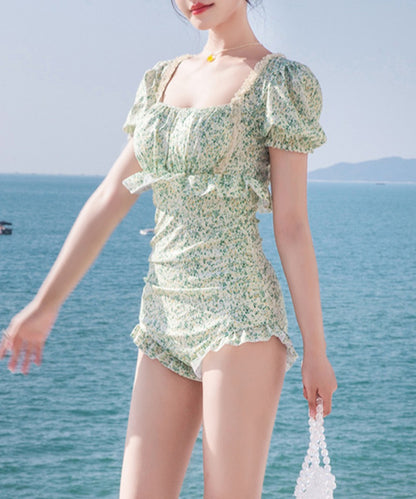 小花柄 フリル パフスリーブ ワンピース スイムウエア