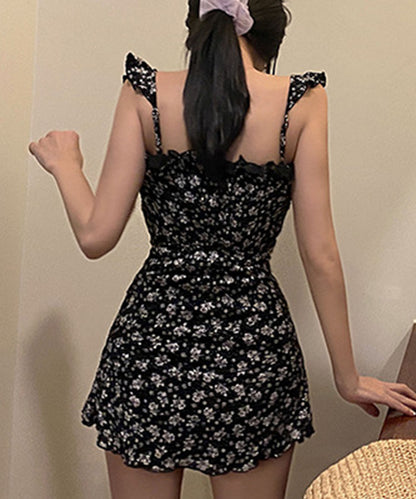 小花柄 レースアップ フリル ワンピース 水着
