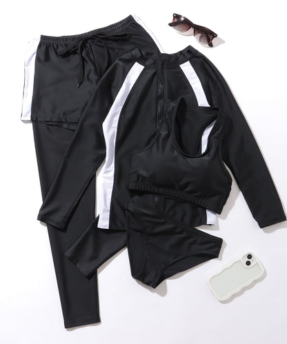 【5点セット】 配色ライン フロントジップ フィットネス ラッシュガード
