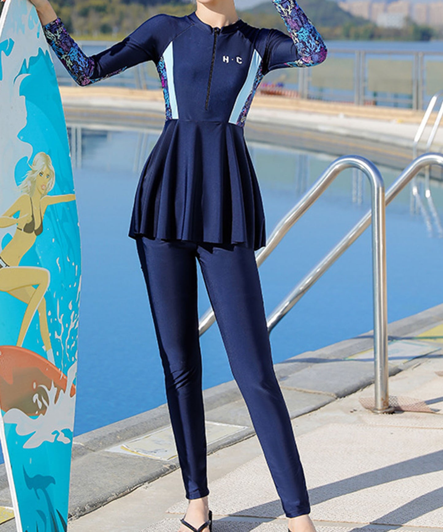 【2点セット】ハーフジップ ハイウエスト ワンピ風 長袖 ラッシュガード