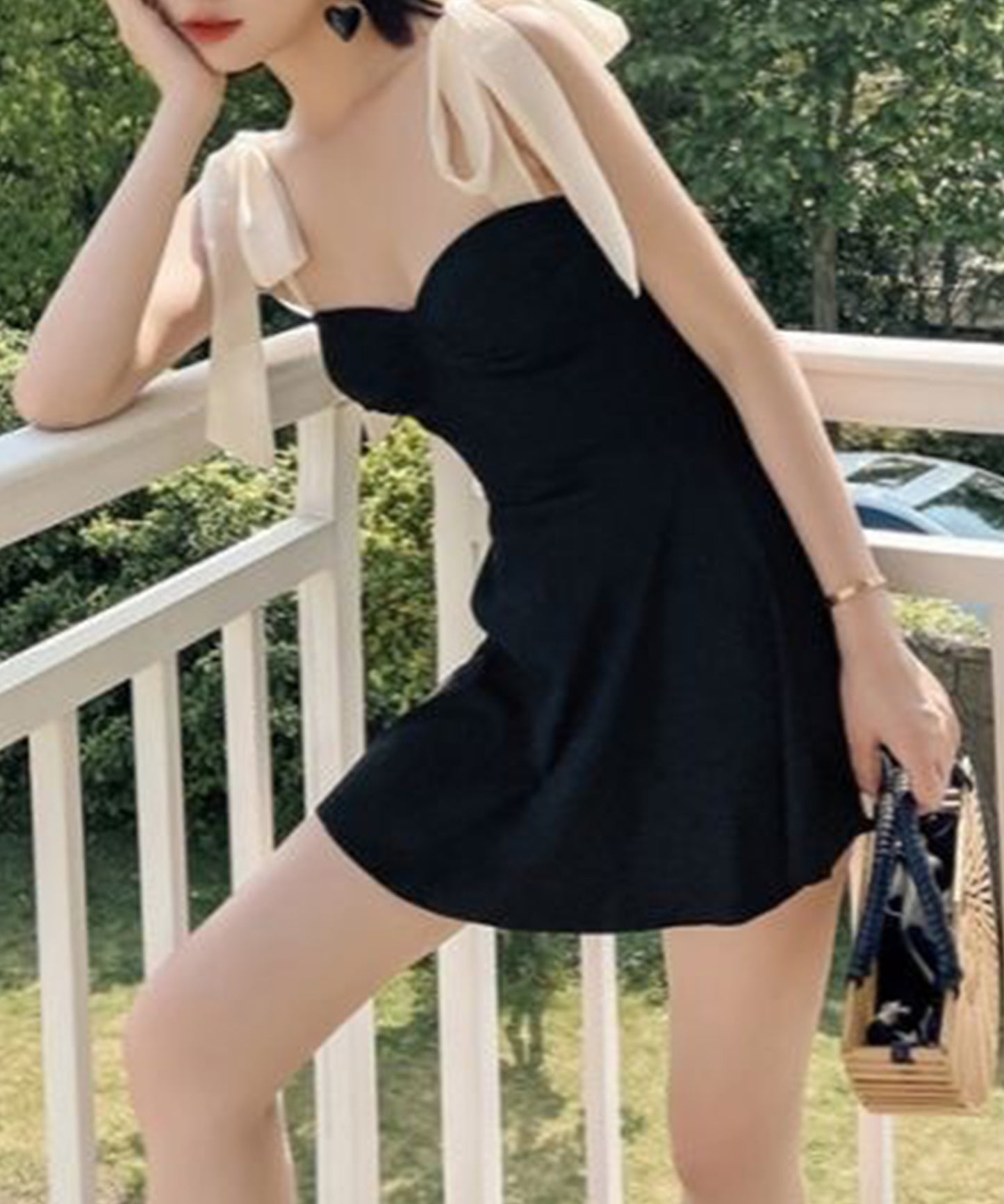 バイカラー ショルダー リボン スイム ワンピース