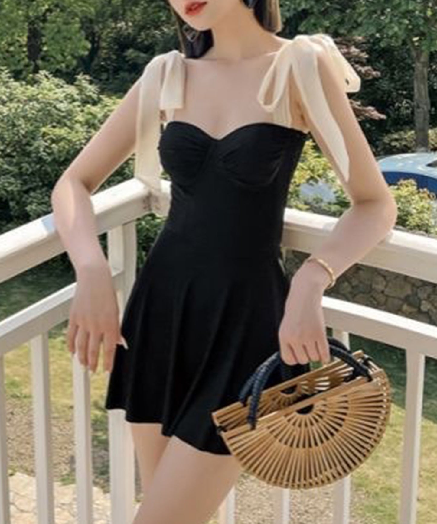 バイカラー ショルダー リボン スイム ワンピース