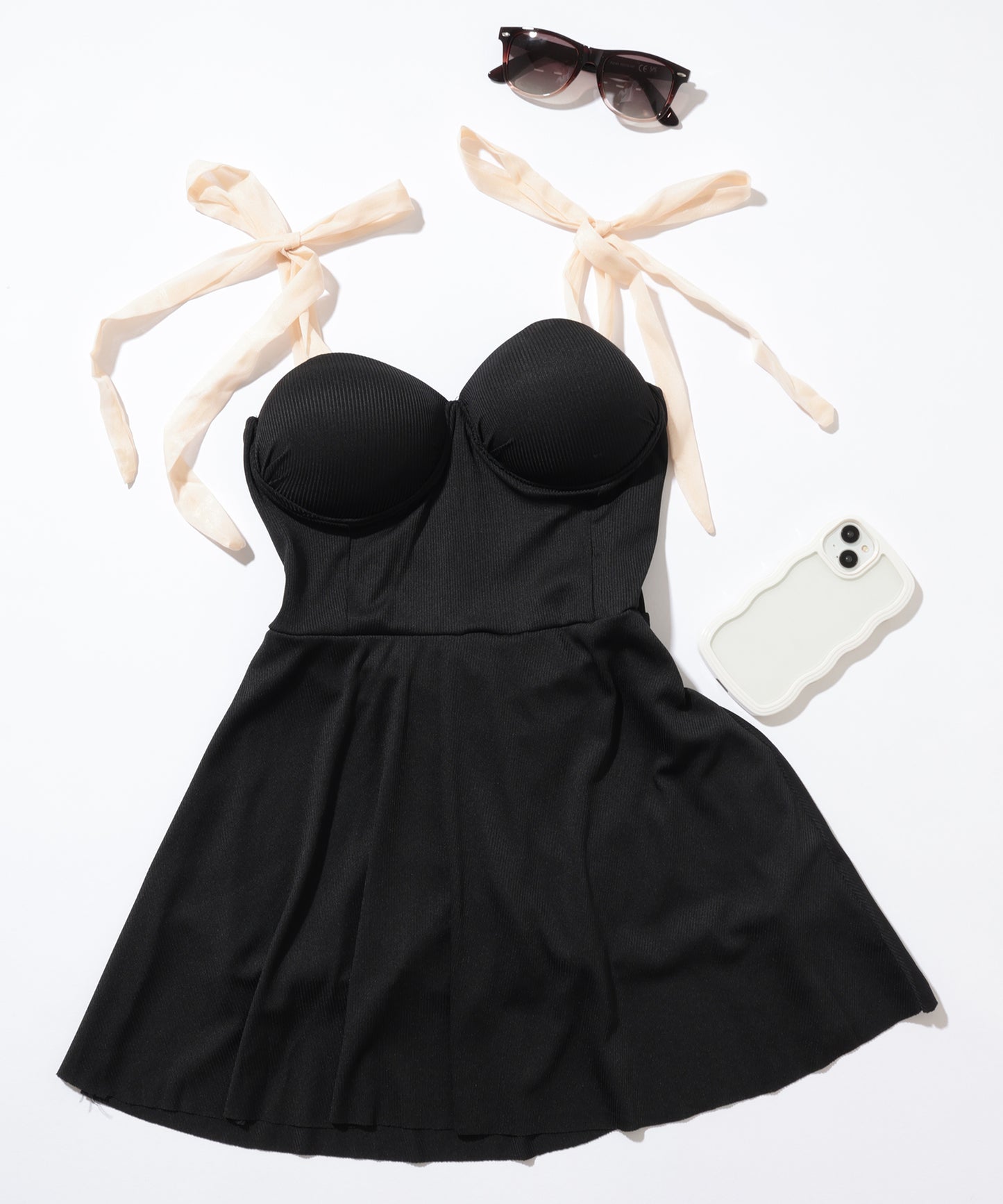 バイカラー ショルダー リボン スイム ワンピース