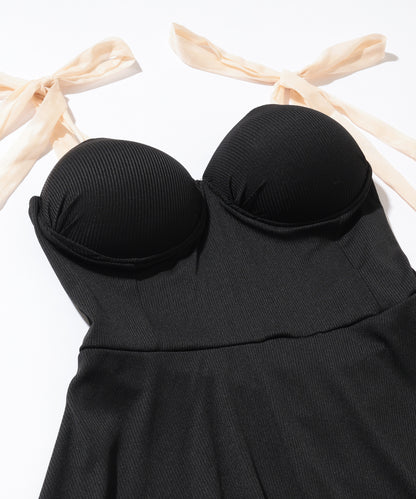 バイカラー ショルダー リボン スイム ワンピース