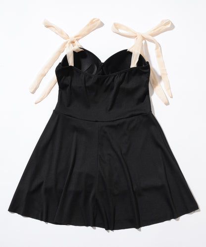 バイカラー ショルダー リボン スイム ワンピース