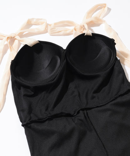 バイカラー ショルダー リボン スイム ワンピース