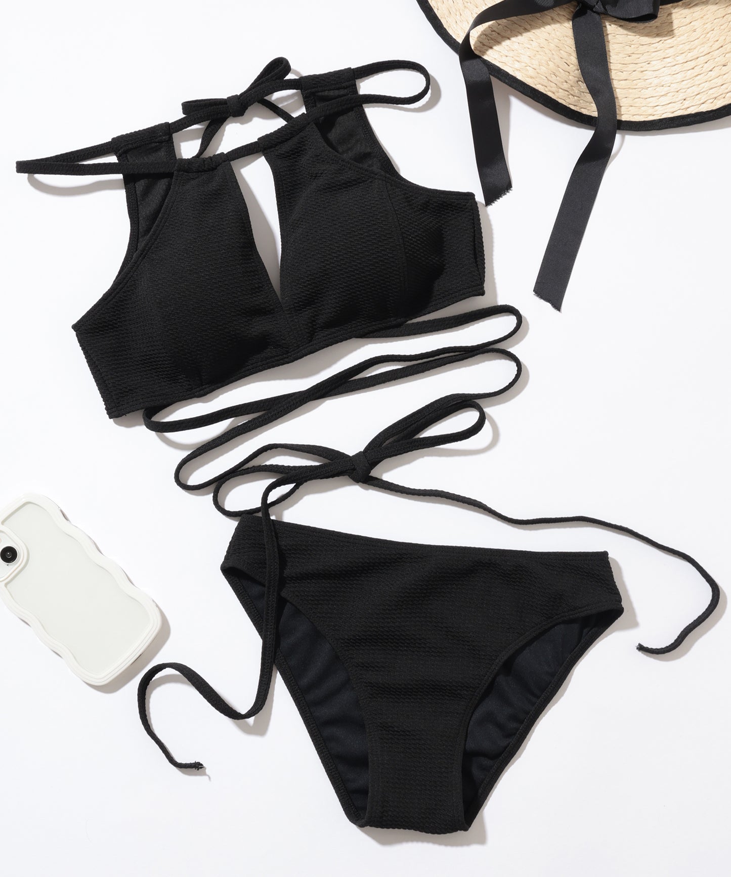 【2点セット】ソリッドカラー カットアウト ロング ストラップ ビキニ