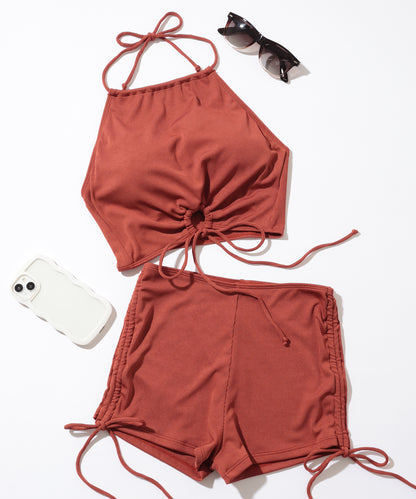 【2点セット】ソリッドカラー リブ ホルター タンキニ