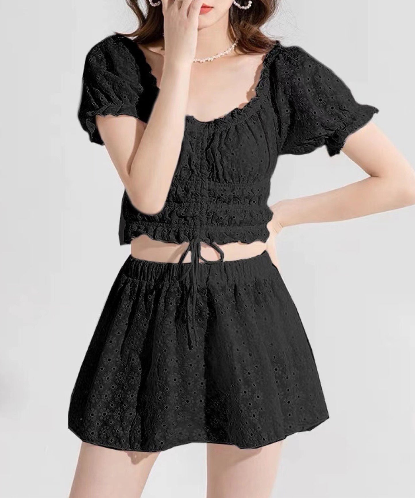 【2点セット】2WAY カットレース パフスリーブ オフショル タンキニ