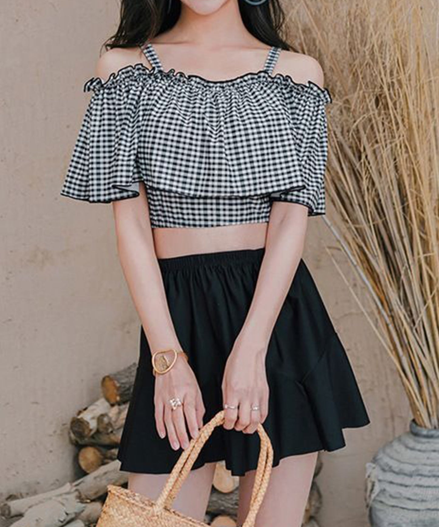 【2点セット】チェック柄 オフショル スカート タンキニ