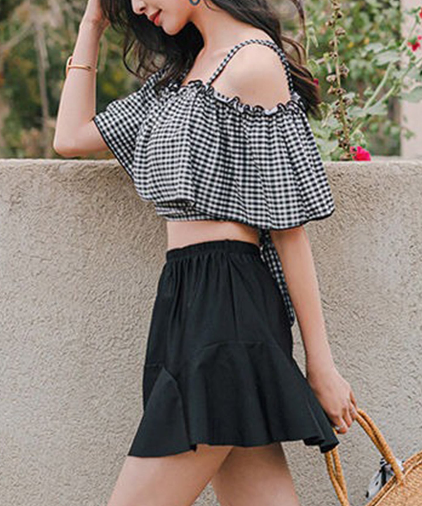 【2点セット】チェック柄 オフショル スカート タンキニ