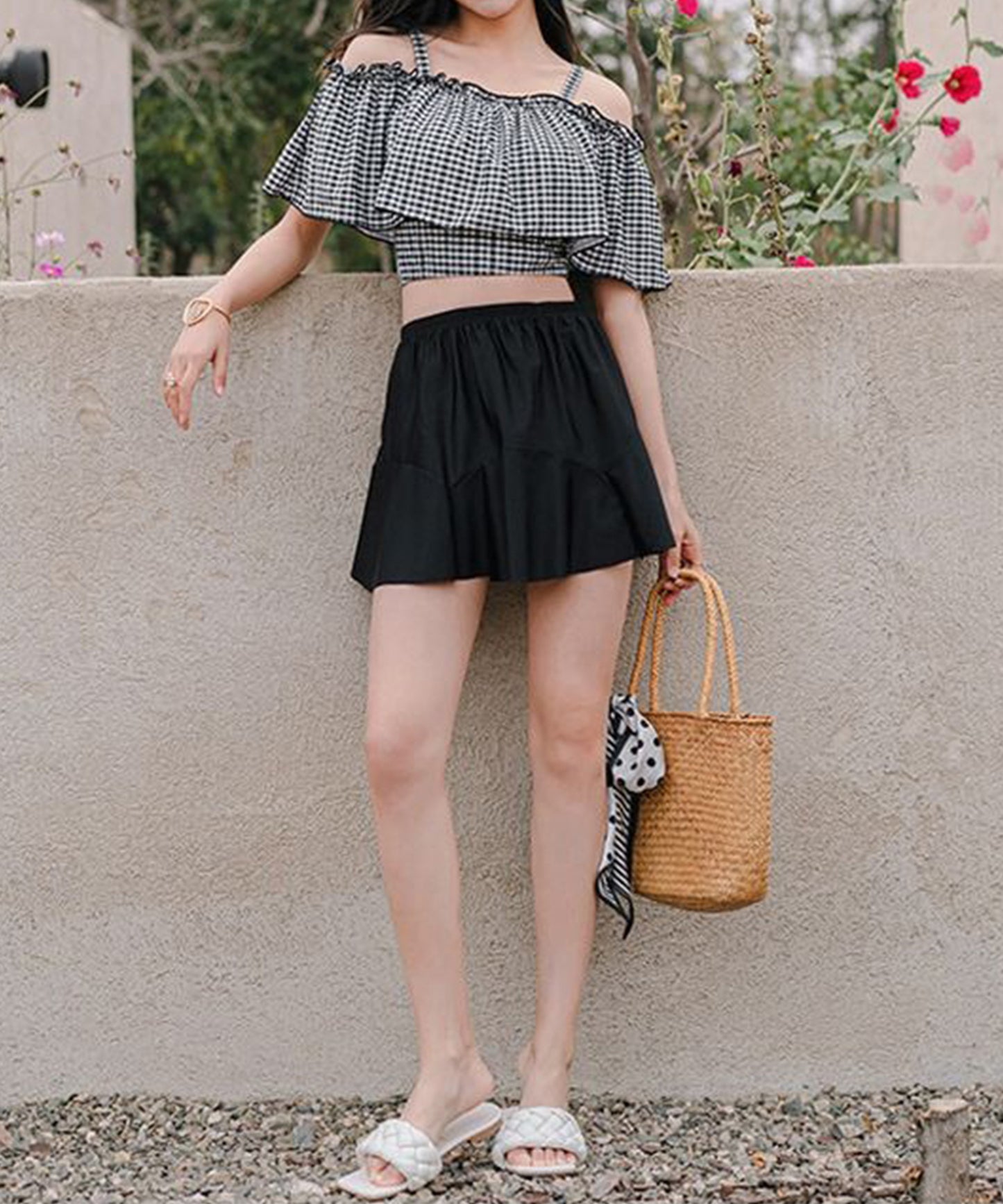【2点セット】チェック柄 オフショル スカート タンキニ