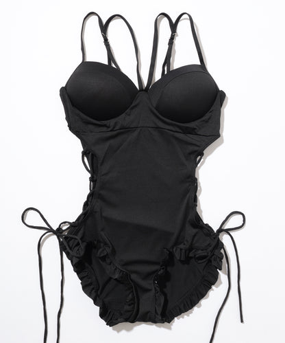 【2点セット】シアー トップス付き サイド レースアップ オールインワン 水着