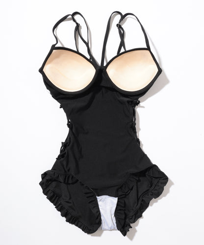 【2点セット】シアー トップス付き サイド レースアップ オールインワン 水着