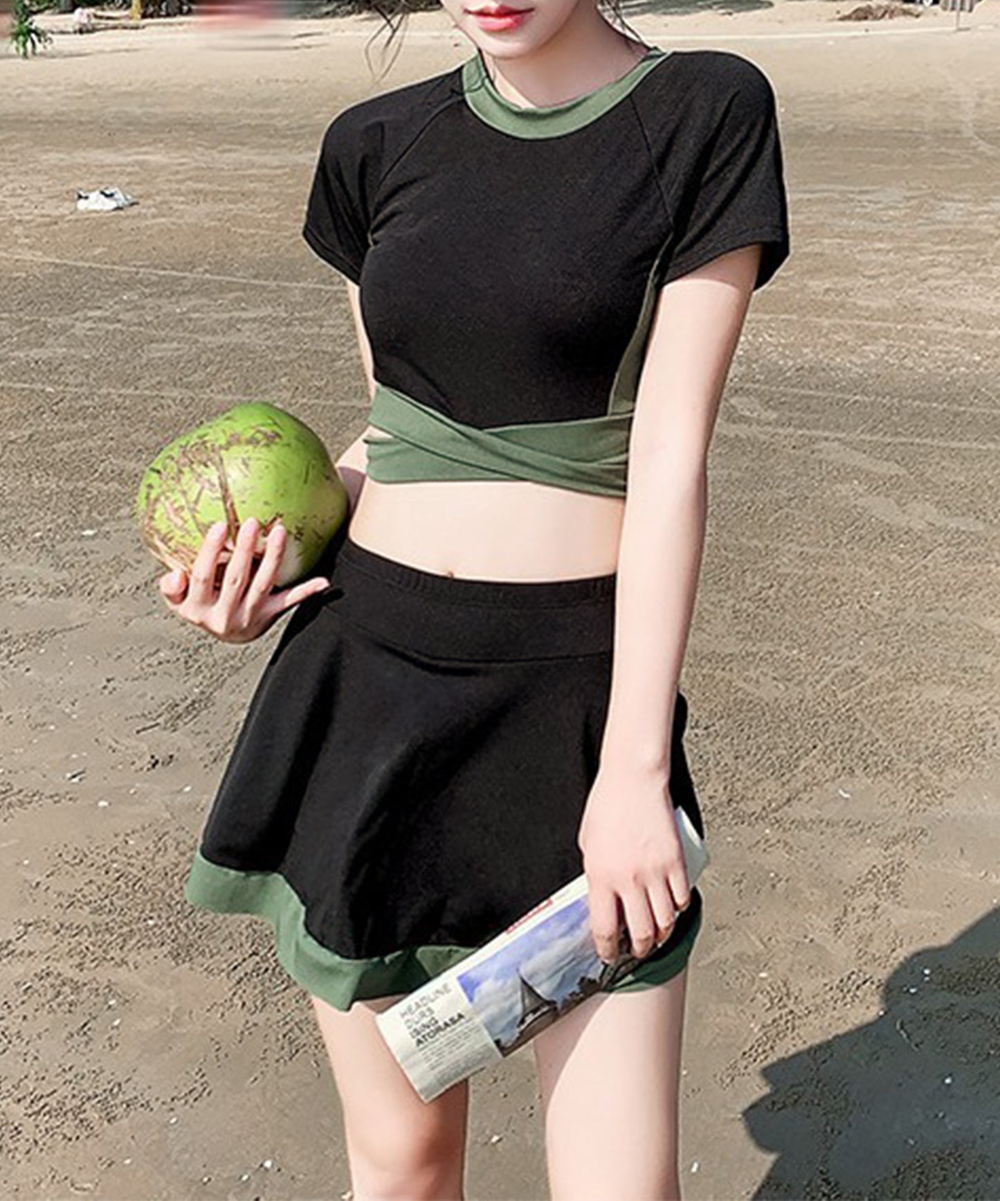 【2点セット】バイカラー ツイスト Tシャツ風 タンキニ