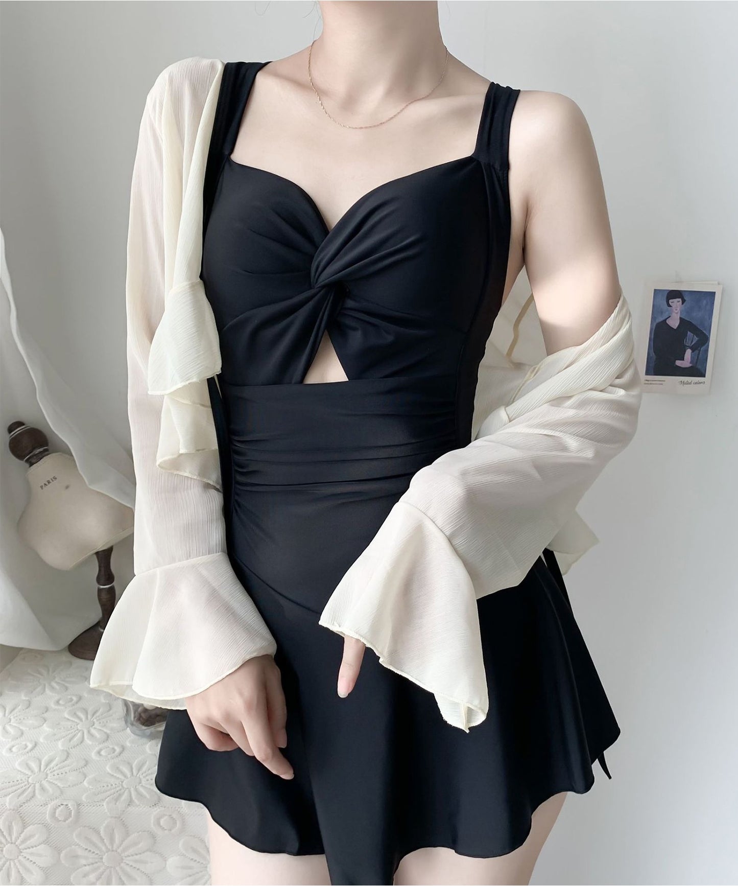 【2点セット】シアーボレロ付き フロント ギャザー カットアウト ワンピース スイムウエア
