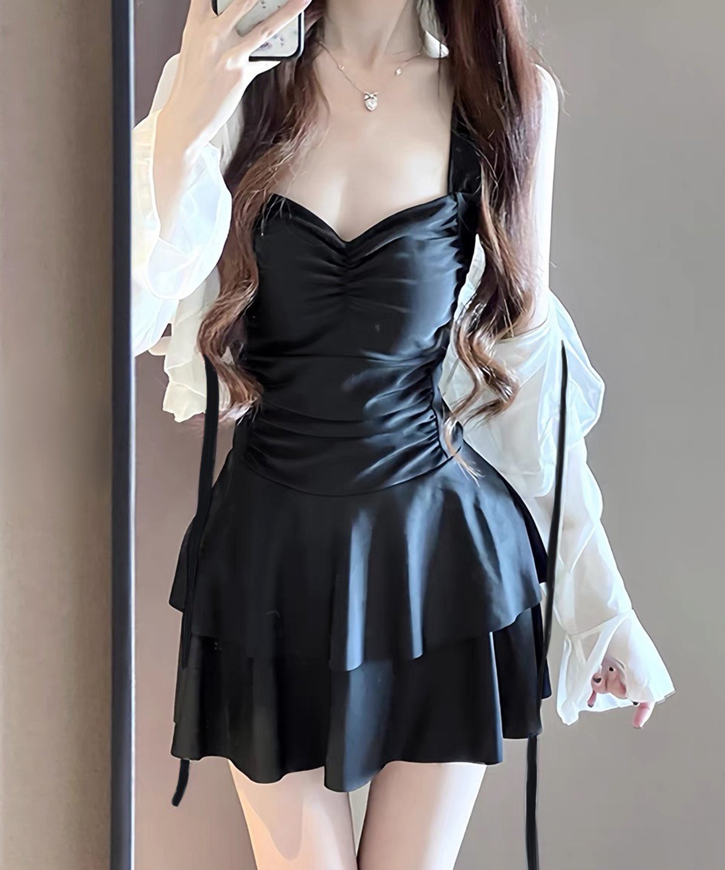 【2点セット】ボレロ付き ティアード フリル ワンピース スイムウエア