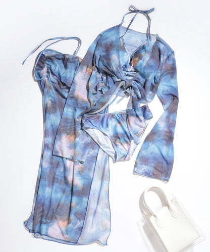 【4点セット】グラデーション プリント カバーアップ パレオ付き ビキニ