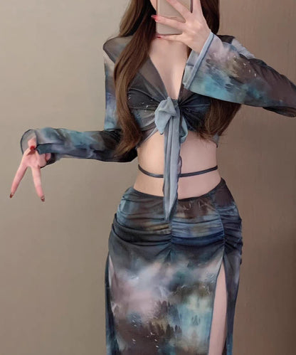 【4点セット】グラデーション プリント カバーアップ パレオ付き ビキニ