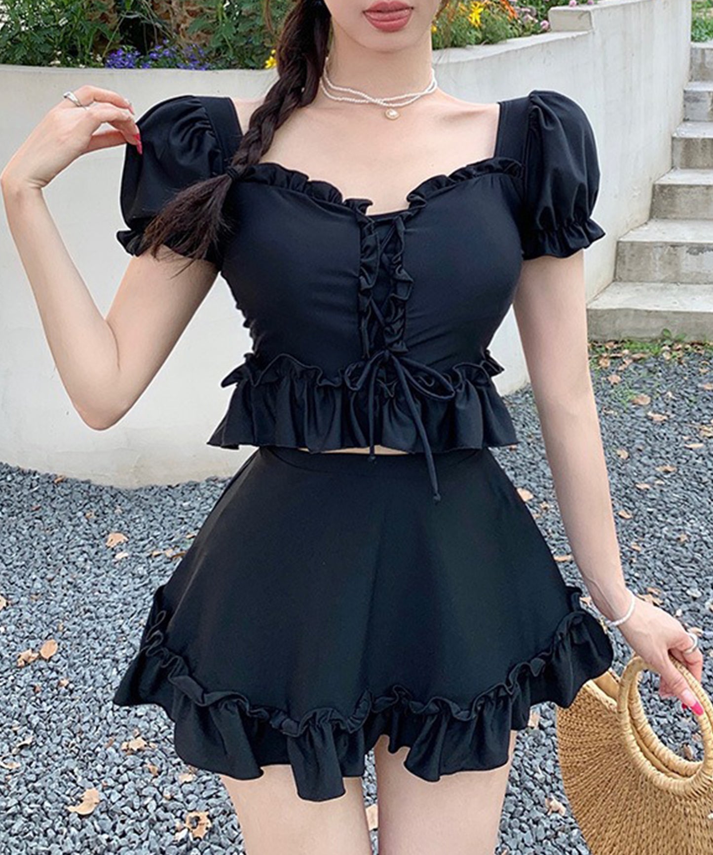 【2点セット】パフスリーブ フリル レースアップ セパレート 水着