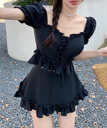 【2点セット】パフスリーブ フリル レースアップ セパレート 水着