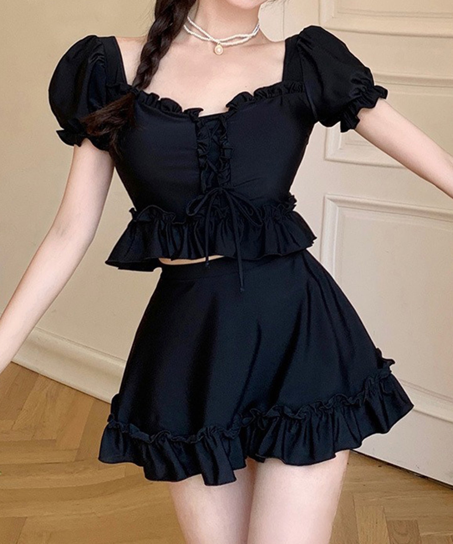 【2点セット】パフスリーブ フリル レースアップ セパレート 水着