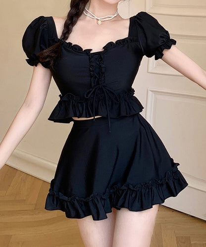 【2点セット】パフスリーブ フリル レースアップ セパレート 水着