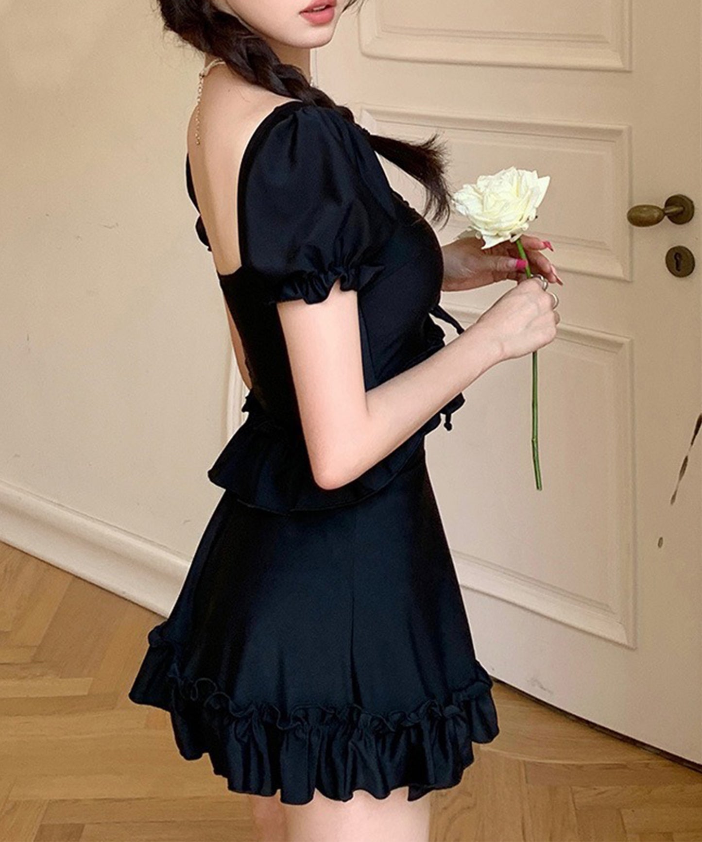 【2点セット】パフスリーブ フリル レースアップ セパレート 水着