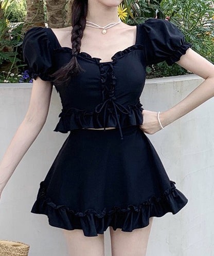 【2点セット】パフスリーブ フリル レースアップ セパレート 水着