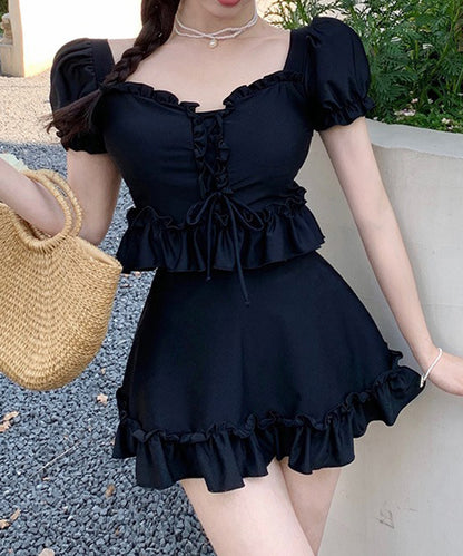 【2点セット】パフスリーブ フリル レースアップ セパレート 水着